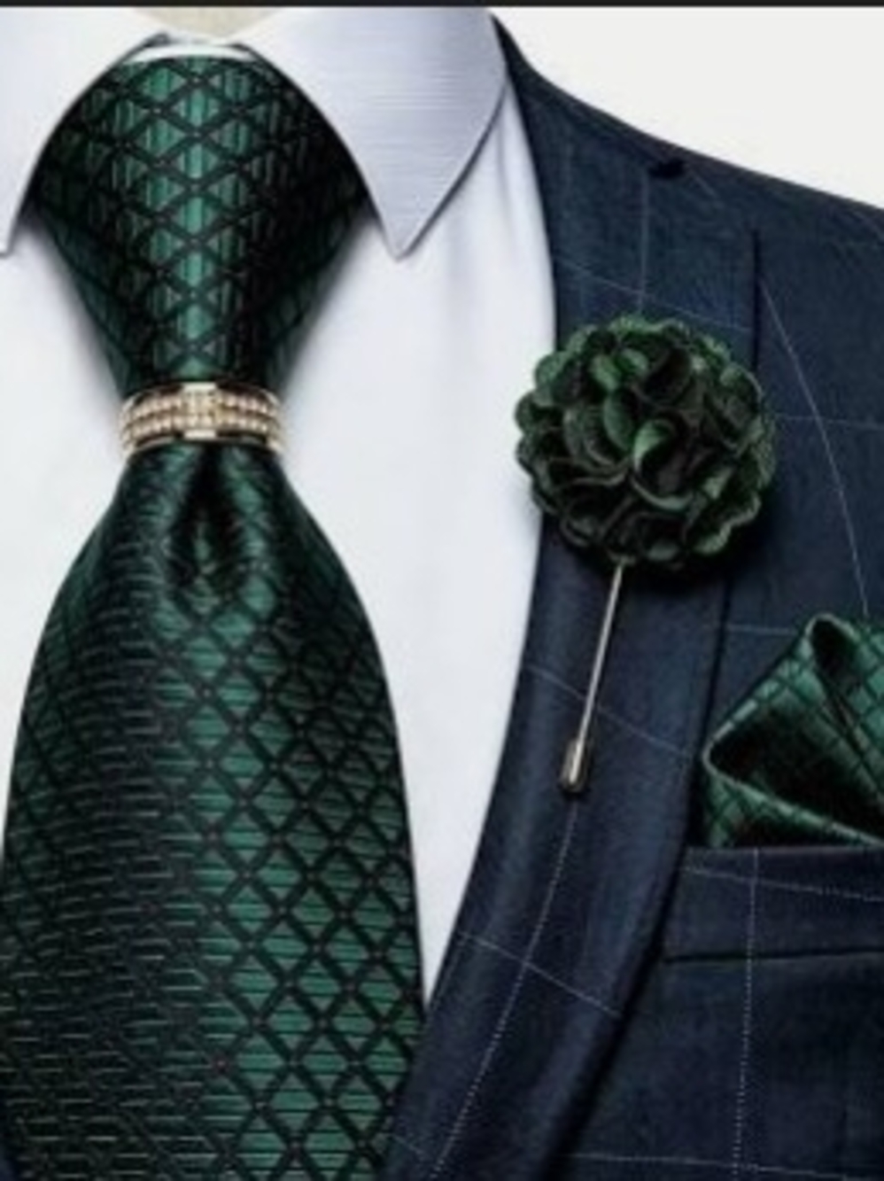NEW Men's Forrest Green Patterned Tie Set with Lapel Pin